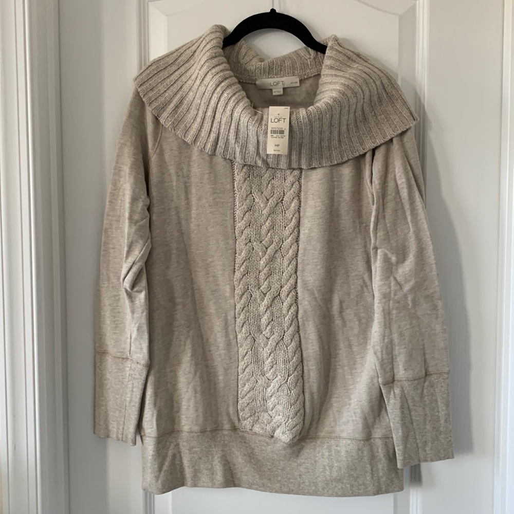 NWT LOFT Beige Cowl Neck Cable Knit Detail Long Sleeves Tunic Top Size MP